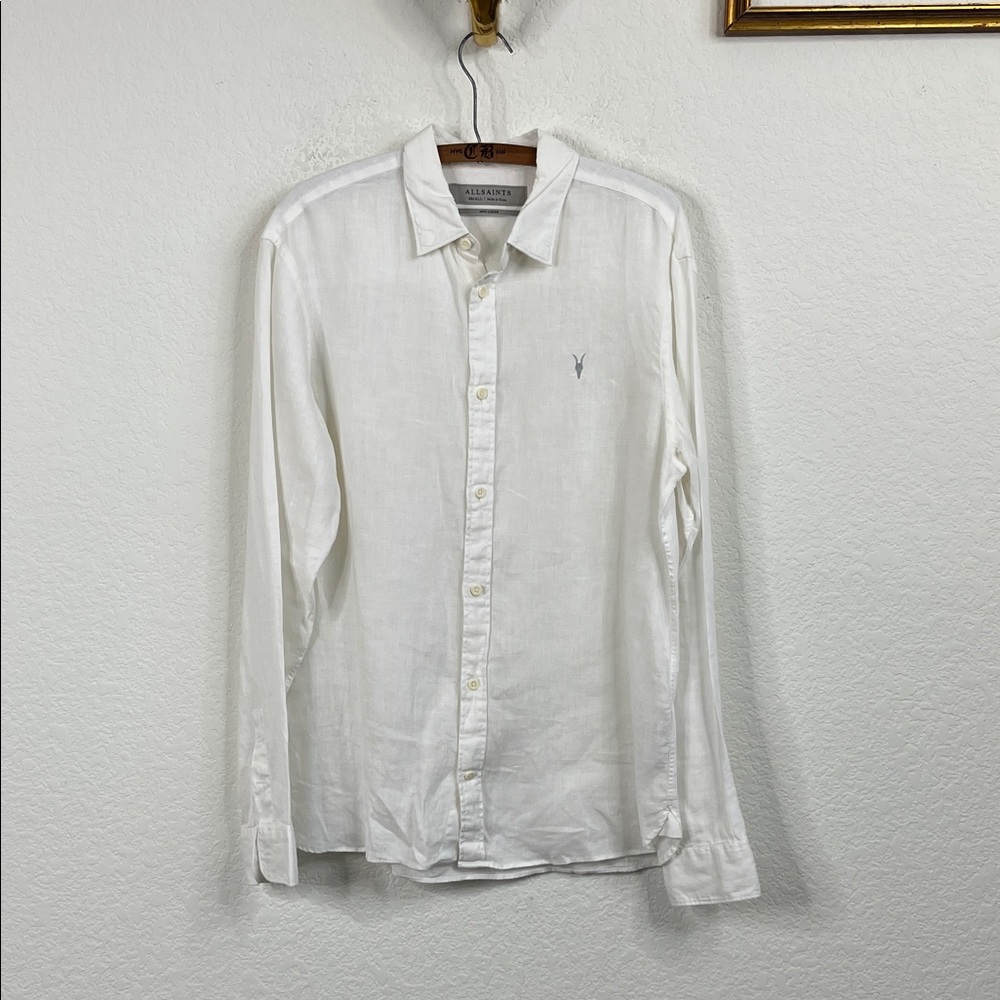 AllSaints White Linen Button-Down Shirt with Subtle Logo - Picture 2 of 6
